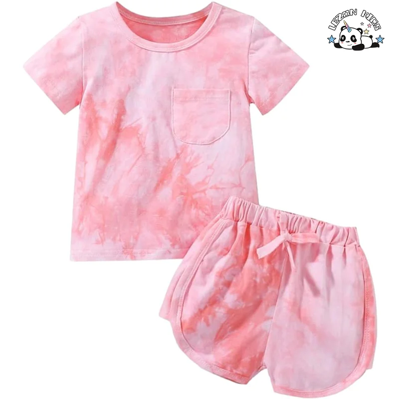 LEZONKIDS - OEM Customizable Colors Cotton Tie Dye T Shirts Shorts Set Girls Summer Sports Set for Kids
